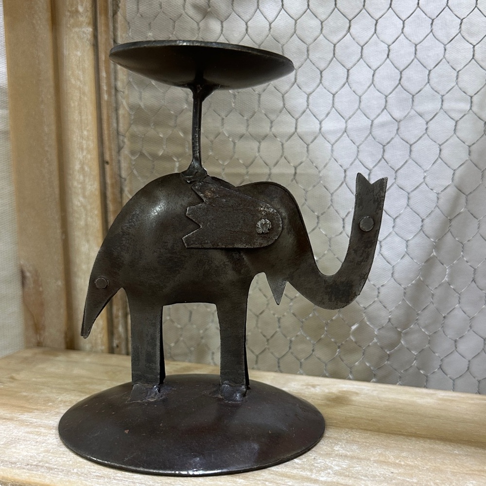 Preowned Metal Elephant Candle Holder - Rustic Dark Brown